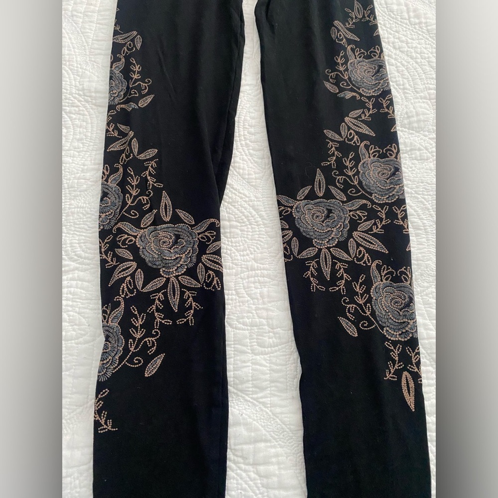 Soft Leggings Floral Rose Embellished Pattern Black Womens M